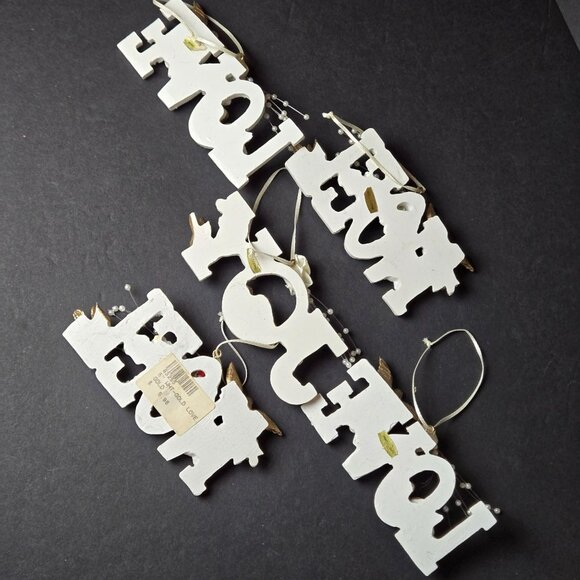 Vintage White Gold Christmas Word Ornaments Set Of 5 Love Joy Noel Doves Roses - Picture 7 of 12